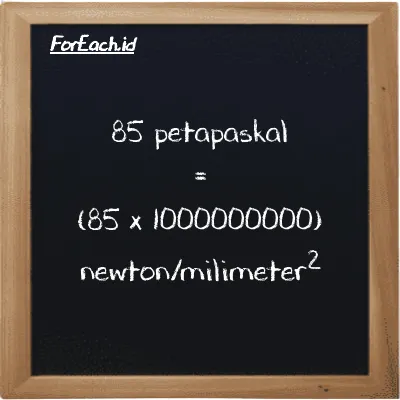 Cara konversi petapaskal ke newton/milimeter<sup>2</sup> (PPa ke N/mm<sup>2</sup>): 85 petapaskal (PPa) setara dengan 85 dikalikan dengan 1000000000 newton/milimeter<sup>2</sup> (N/mm<sup>2</sup>)